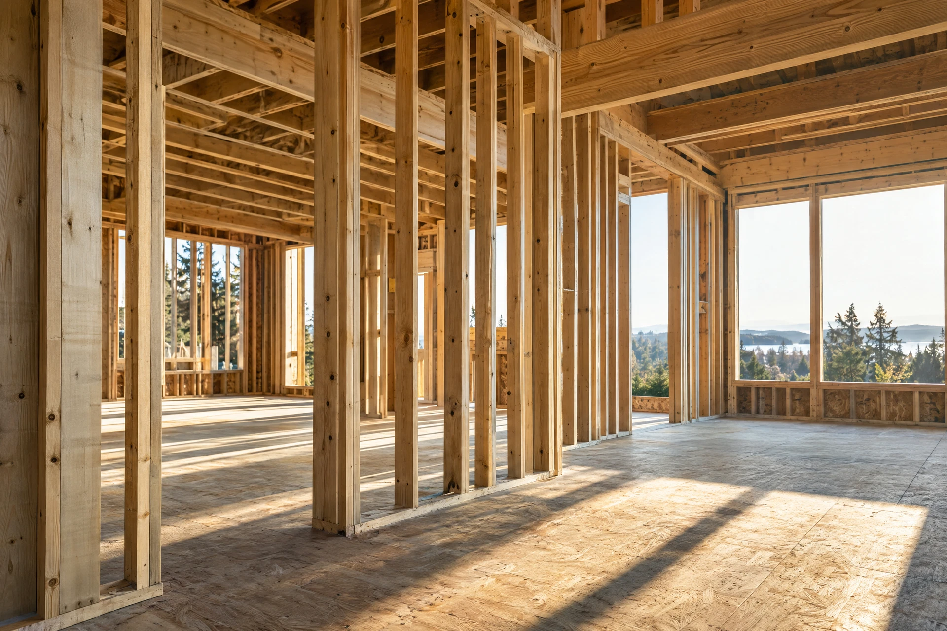Illustrative timber framing inside a home under construction