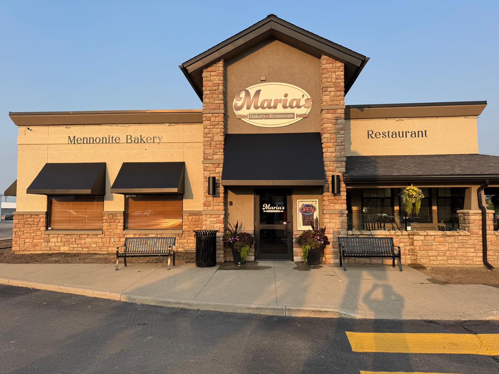 Front exterior of Maria's Bakery and Restaurant in Leamington, with its entrance and business sign